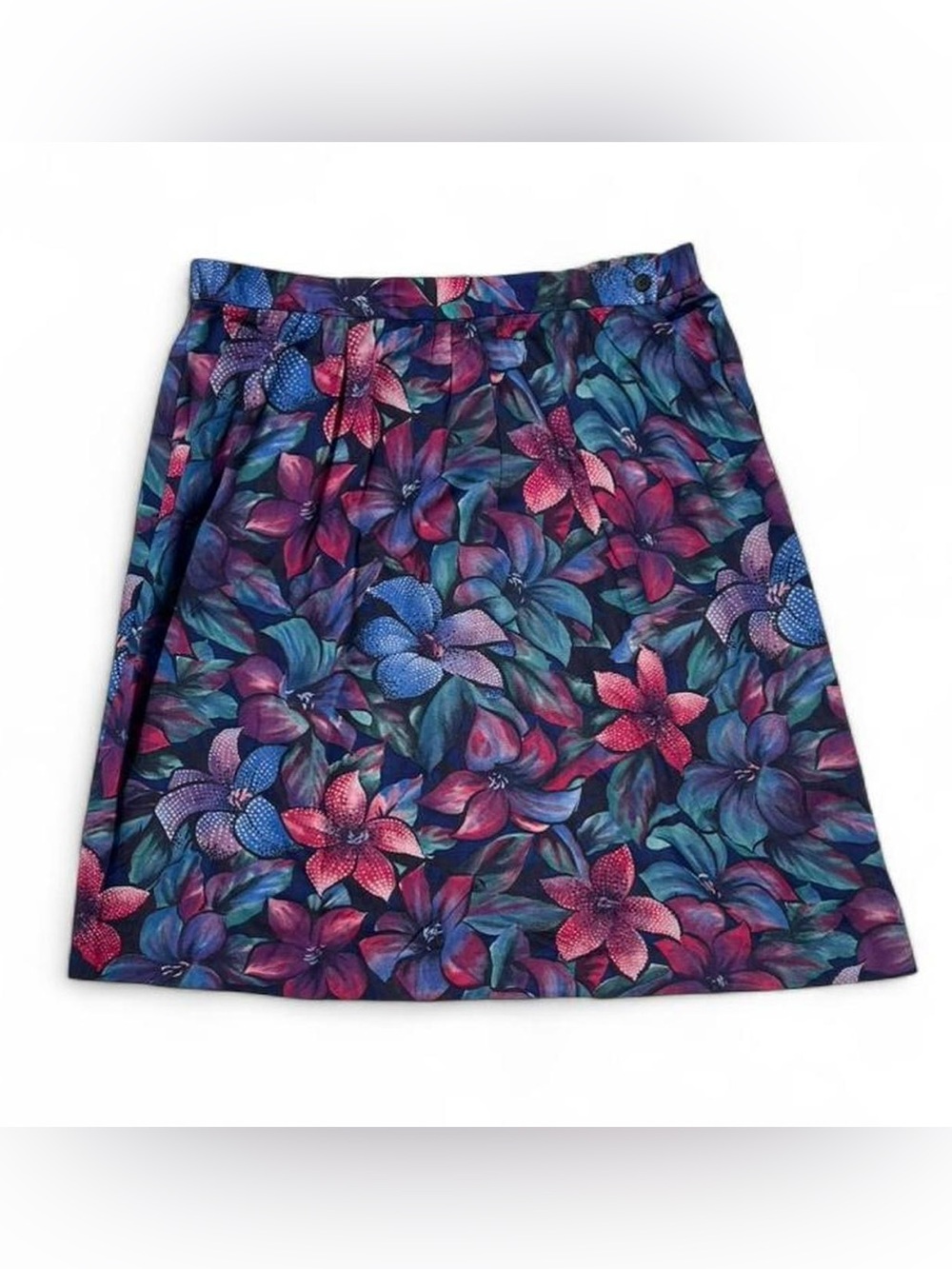 Floral A-Line Skirt in Navy with Pink & Teal Blooms